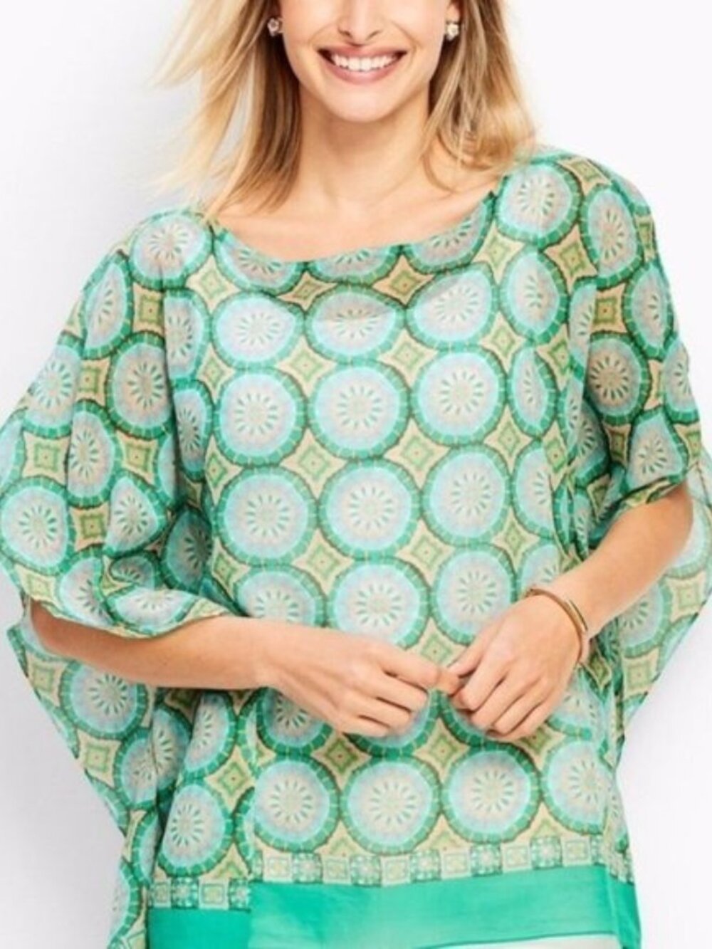 Talbots Light Green‎ Medallion Print Cotton Silk Blend Poncho Topper Size Medium